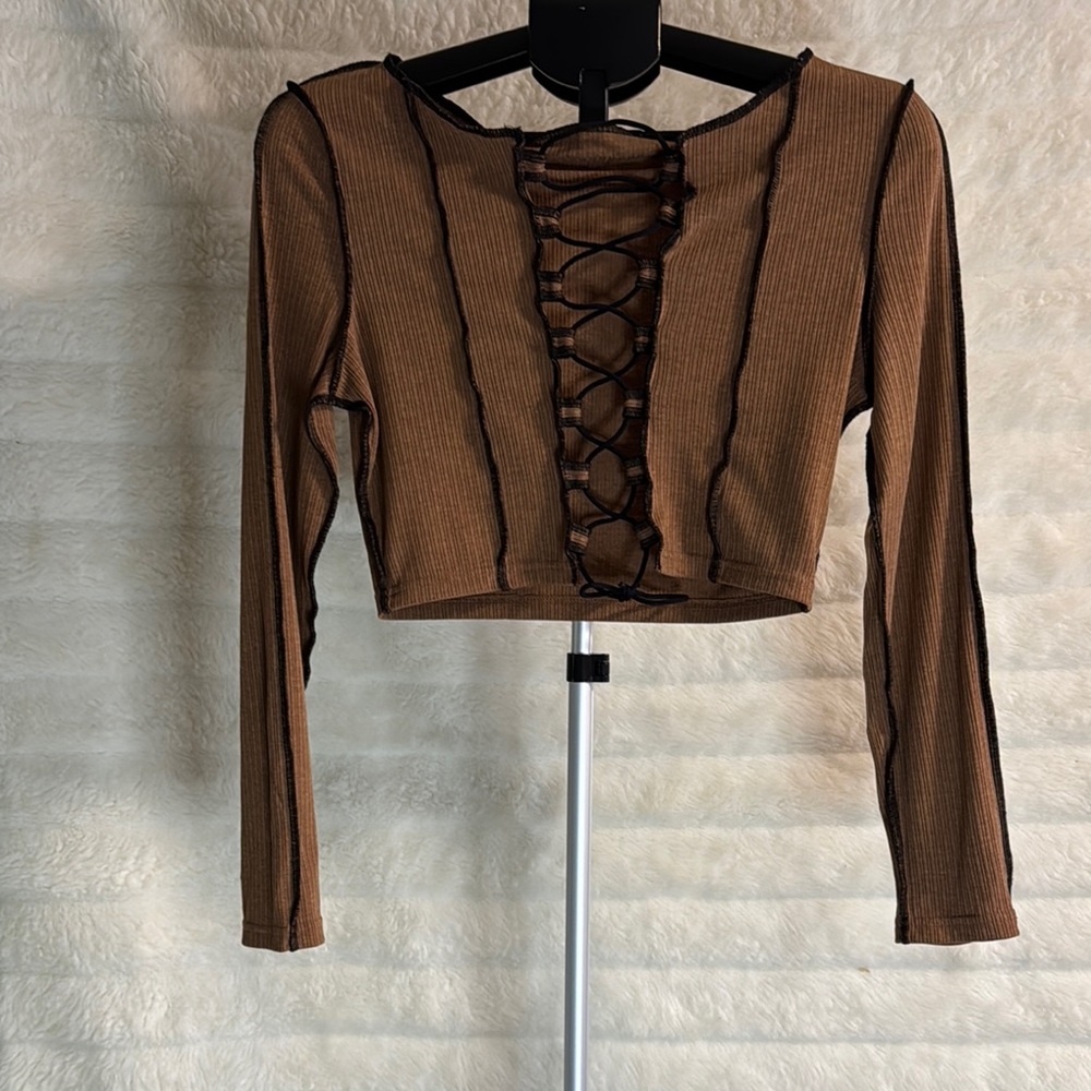 Brown Lace-Up Long Sleeve Top